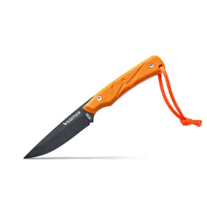 Wildsteer TROLL – Couteau compact lame 14C28N avec manche tactiprène noir et étui Kydex